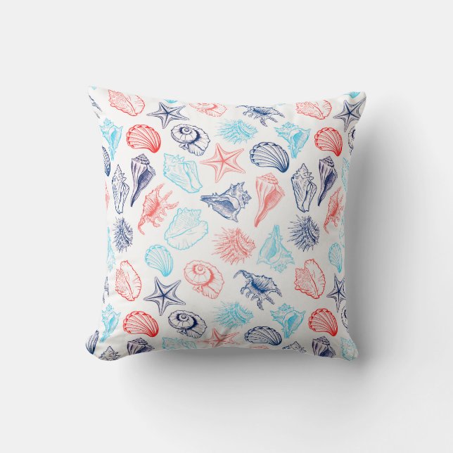 Various red blue seashells line art pattern cushion (Front)