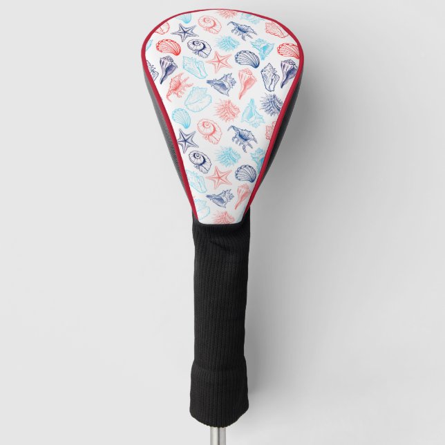 Various red blue seashells line art pattern golf head cover (Front)