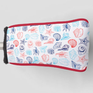 Various red blue seashells line art pattern golf head cover