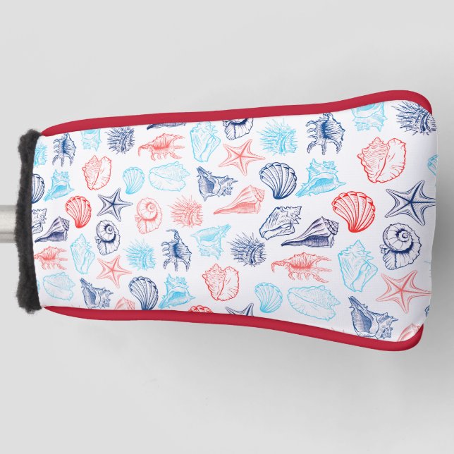 Various red blue seashells line art pattern golf head cover (Front)