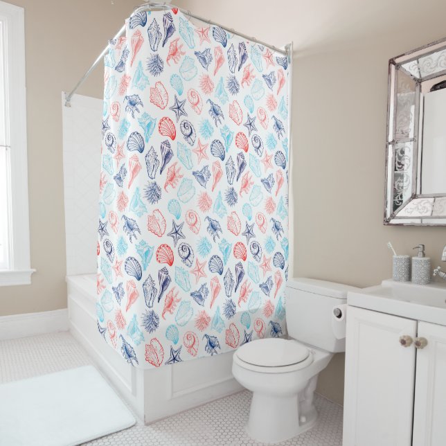 Various red blue seashells line art pattern shower curtain (In Situ)