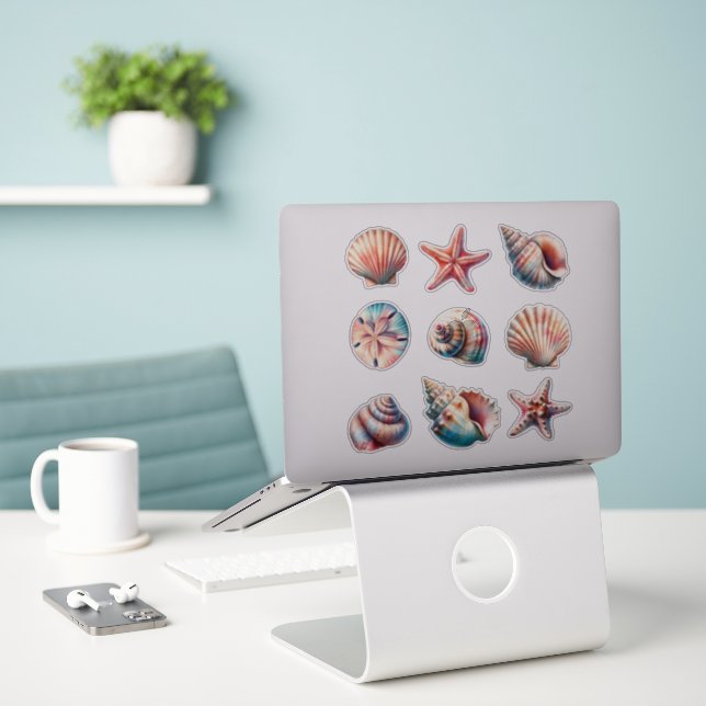 Various Sea Shell Stickers - set of 9 (Laptop On Desk)