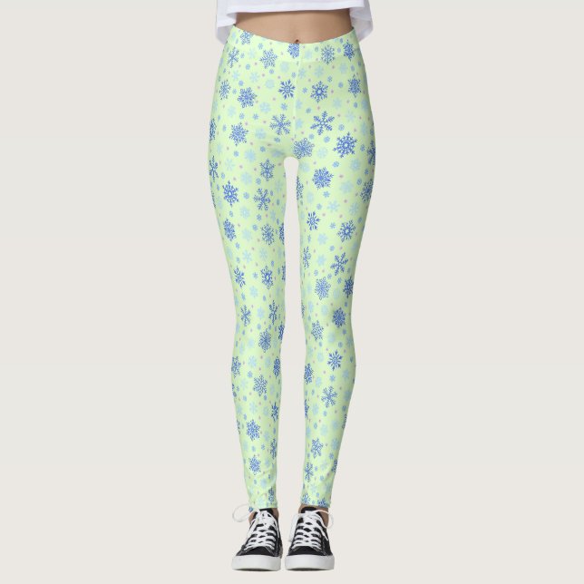 Various Shapes Snowflake Green Pastel Spring Green Leggings (Front)