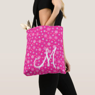 Various Shapes Snowflakes Pink Hot Pink Monogram Tote Bag
