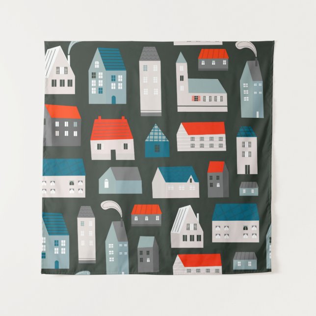Various small tiny houses. Paper cut style. Flat d Tapestry (Front)