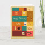 Various Sports, Happy Birthday, Son Card<br><div class="desc">A stylish birthday card for a sports-minded son with various sport icons in masculine colours with tan border.</div>