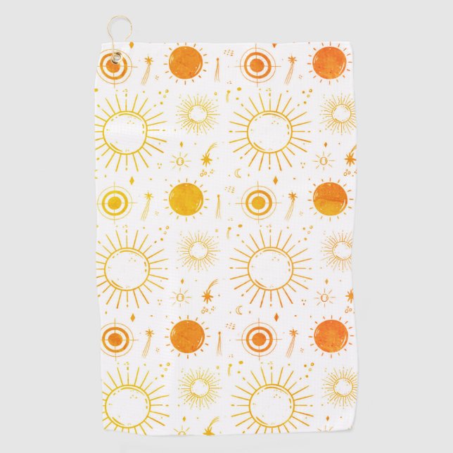 Various sun illustration orange sepia pattern golf towel (Front)