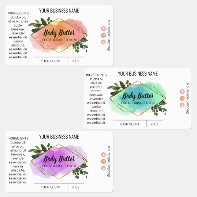 Various Watercolor Body Butter Labels (Group)