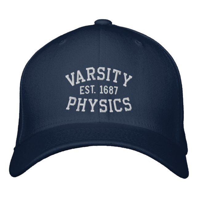 VARSITY, PHYSICS, EST. 1687 blue and white Embroidered Hat (Front)