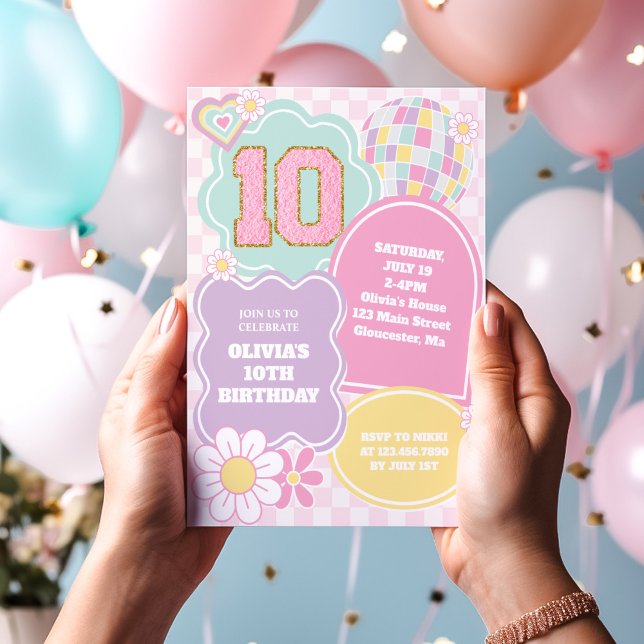 Varsity preppy pastel patch 10th Birthday Invitation (Creator Uploaded)