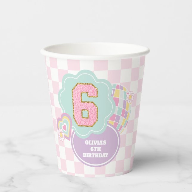 Varsity preppy pastel patch 6th Birthday Paper Cups (Front)