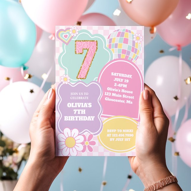 Varsity preppy pastel patch 7th Birthday Invitation (Creator Uploaded)
