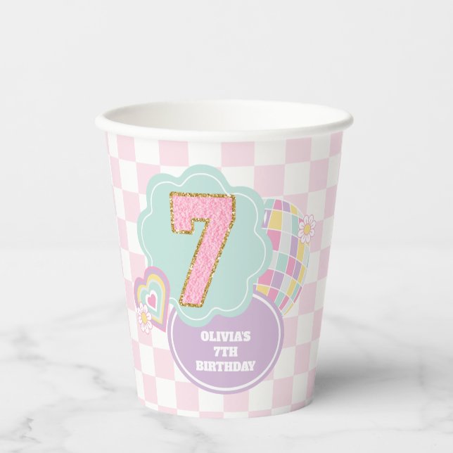 Varsity preppy pastel patch 7th Birthday Paper Cups (Front)