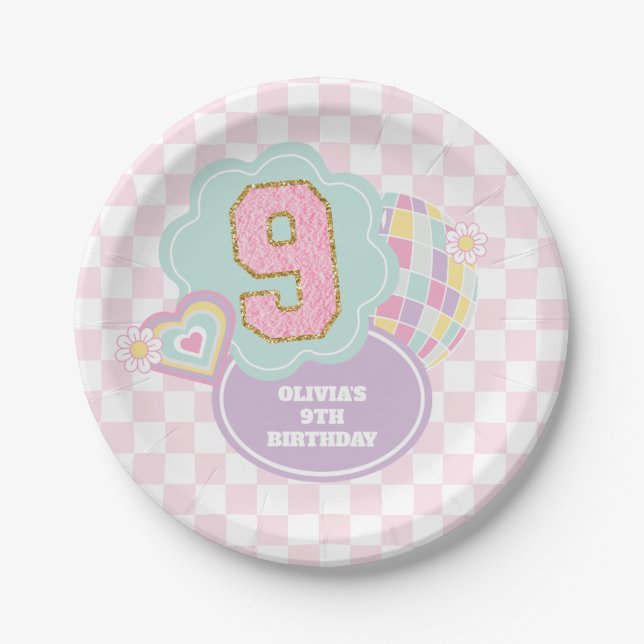 Varsity preppy pastel patch 9th Birthday Paper Plate (Front)