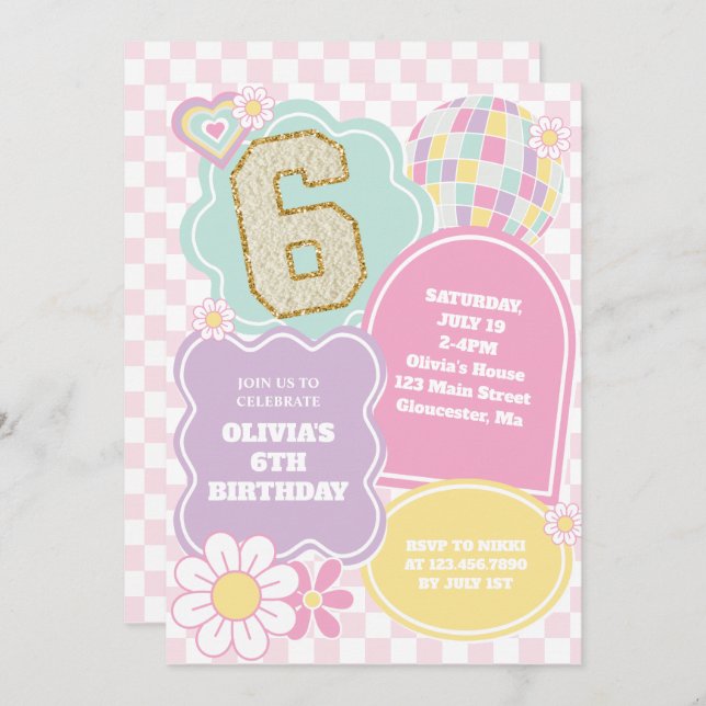 Varsity preppy pastel patch Birthday Invitation (Front/Back)