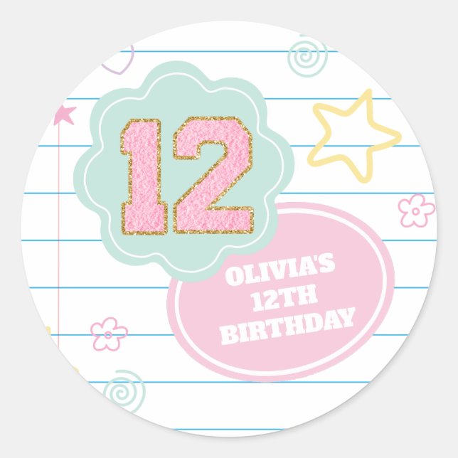Varsity preppy pastel patch notebook 12th Birthday Classic Round Sticker (Front)