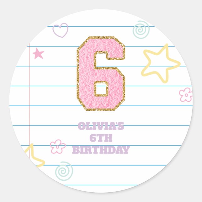 Varsity preppy pastel patch notebook 6th Birthday Classic Round Sticker (Front)
