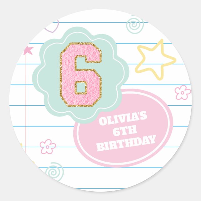 Varsity preppy pastel patch notebook 6th Birthday Classic Round Sticker (Front)