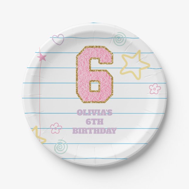 Varsity preppy pastel patch notebook 6th Birthday Paper Plate (Front)