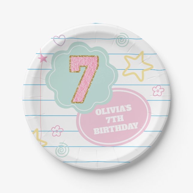 Varsity preppy pastel patch notebook 7th Birthday Paper Plate (Front)
