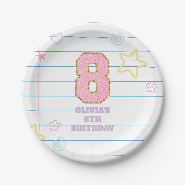 Varsity preppy pastel patch notebook 8th Birthday Paper Plate (Front)
