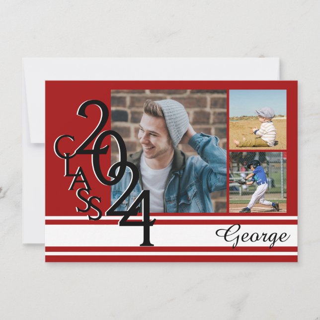 Varsity Red 2024 Graduation Tri Photo Invitation (Front)