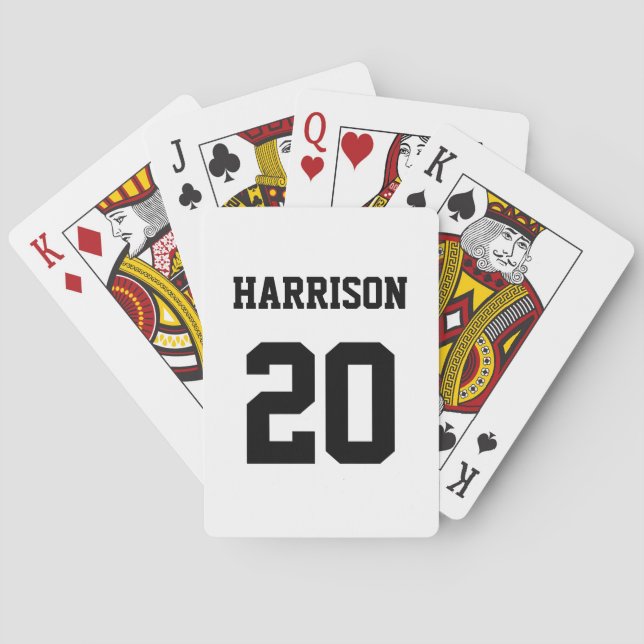 Varsity sports black white custom name number playing cards (Back)