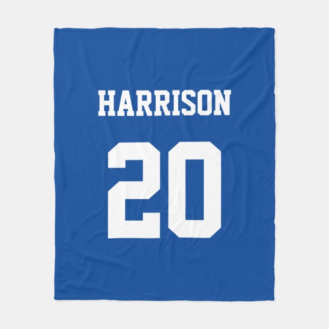 Varsity sports blue white custom name number fleece blanket (Front)