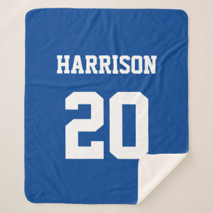 Varsity sports blue white custom name number sherpa blanket