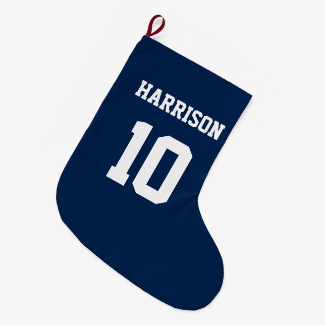 Varsity sports navy blue and white name number large christmas stocking (Front (Hanging))