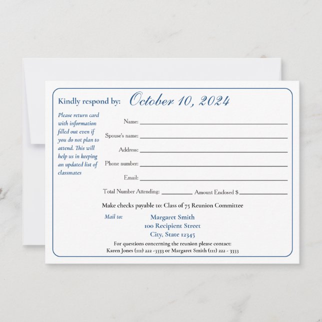 Varsity Stripe Class Reunion Response Form Invitation (Front)