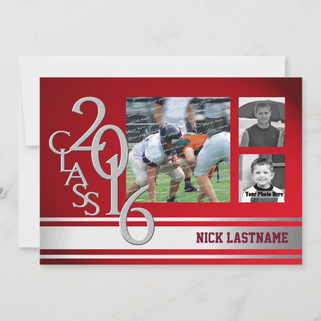Varsity Stripe Graduate Tri Photo 2016 Red Invitation (Front)