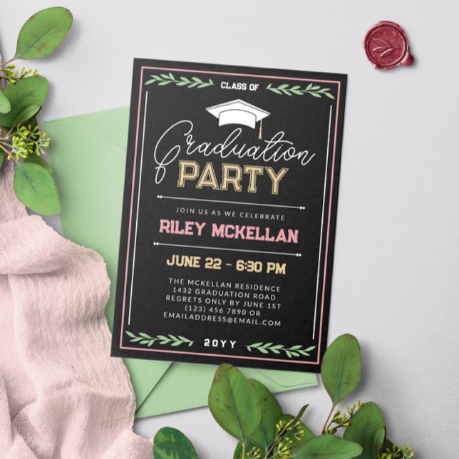 Varsity Typography Black Pink Graduation Party Invitation (Creator Uploaded)
