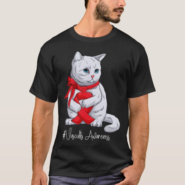 Vasculitis Awareness Month Red Ribbon Cat funny T-Shirt (Front)