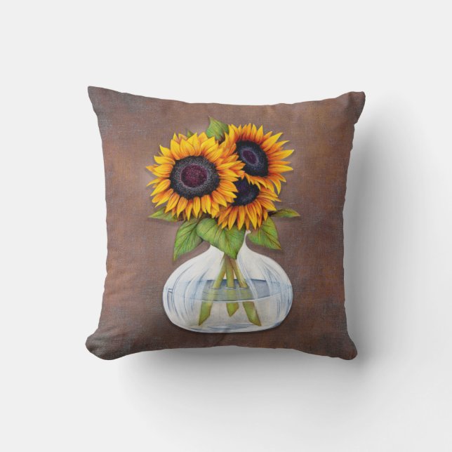Vase of Beautiful Sunflowers on Brown Rustic Cushion (Front)