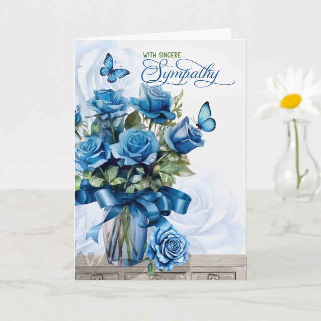 Vase of Blue Roses with Butterflies Sympathy Card (Small Plant)