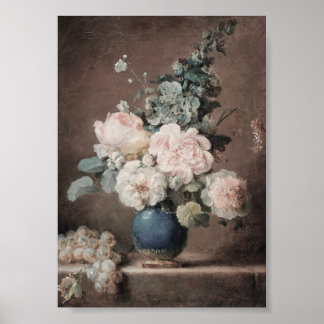 Vase of Flowers and Grapes on a Stone Ledge Poster