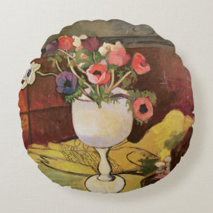 Vase of Flowers, Anemones in a White Glass Round Cushion