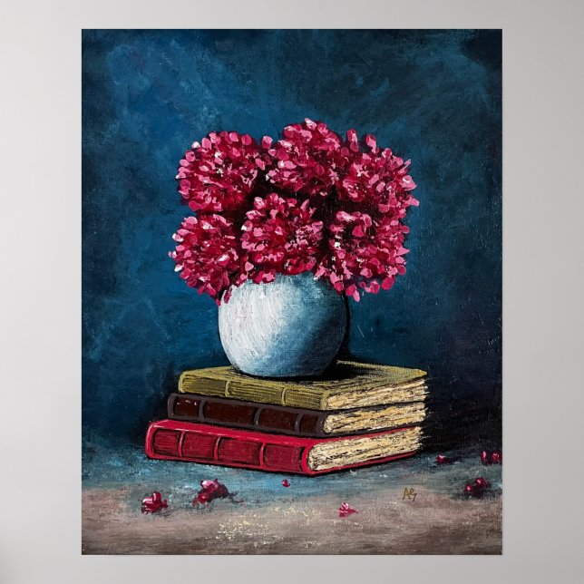 Vase of Flowers Pink Blue Books Reading Still Life Poster (Front)