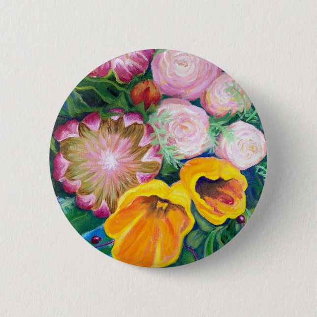Vase of Flowers -- Proteas, Tulips and Roses 6 Cm Round Badge (Front)