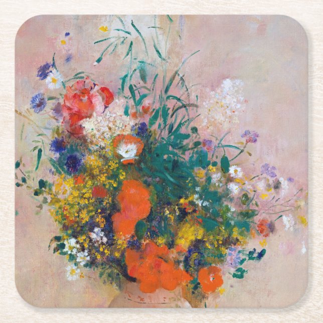 Vase of Flowers, Redon Square Paper Coaster (Front)