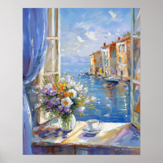 Vase of Flowers Window with View of Italian Coast Poster