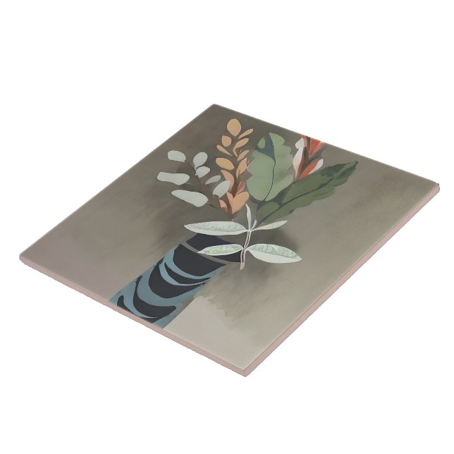 Vase of leaves minimalist art ceramic tile (Side)
