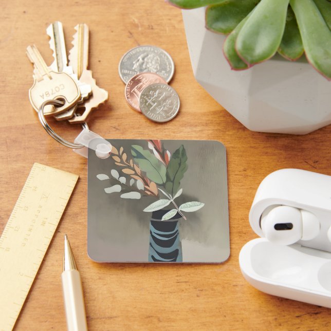 Vase of leaves minimalist art  key ring (Desk)