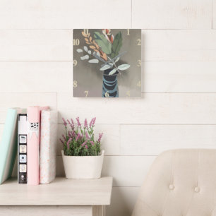 Vase of leaves minimalist art  square wall clock