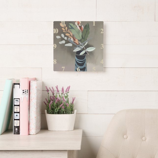 Vase of leaves minimalist art  square wall clock (Reading Room)