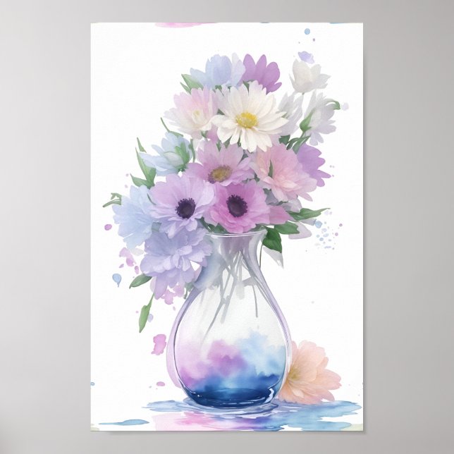 Vase of Pastel Flowers Watercolor Flower Poster (Front)