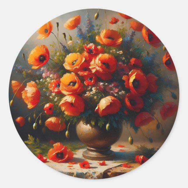 Vase of Red Poppies Classic Round Sticker (Front)