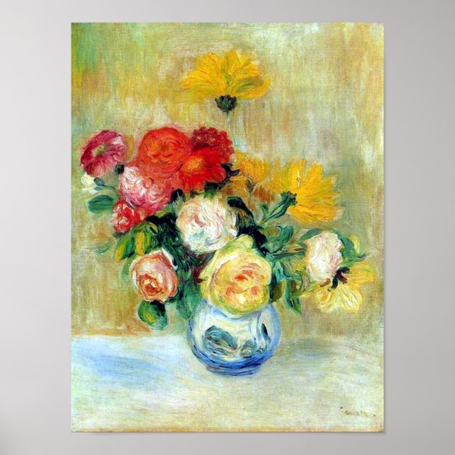 Vase of Roses and Dahlias by Renoir Print (Front)
