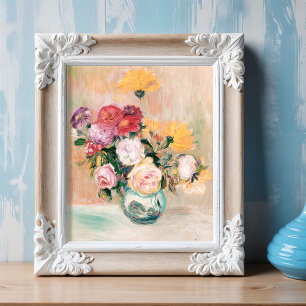 Vase Of Roses And Dahlias, Renoir  Poster
